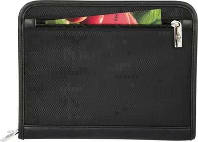 A black conference folder with a zippered pocket containing a colorful insert.