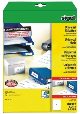 Produktbild von SIGEL LA181 Universal-Etiketten, 210 x 297 mm, weiß, 25 Etiketten