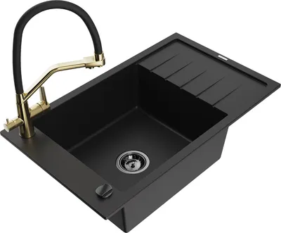 Produktbild von Mexen Elias 1 Becken-Granitspüle mit Abtropffläche und Mischbatterie Duo, Schwarz - 6511-77-671701-57-B