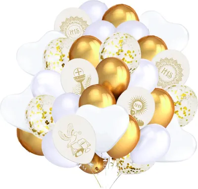 Image de Set de ballons pour première communion, confettis blanc doré, 35 pièces.