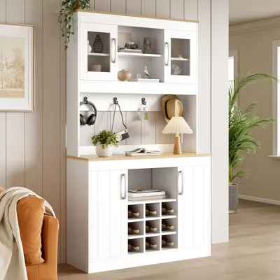 Produktbild von Flieks Küchenschrank mit Glastüren, Weinregal und Hakenleiste, Buffetschrank für Küche Esszimmer Wohnzimmer, Sideboard 106x39x175cm, Weiß