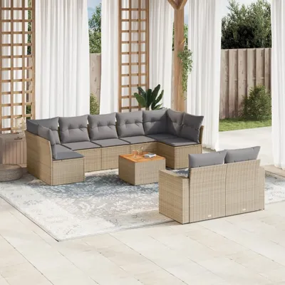 Produktbild von Design 10-tlg. Garten-Sofagarnitur mit Kissen Beige Poly Rattan, Gartensofas 2024 Neu