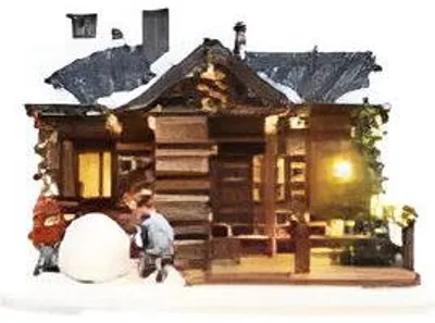 Produktbild von Holzhütte mit Kindern mit LED Polyresin 24 cm Santaville