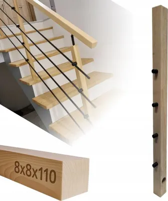 Immagine prodotto di Legno squadrato - Palo di legno - per ringhiere - 8x8x110 cm - Legno di faggio - Kit di montaggio completo - Maniglie di passaggio per tubi ⌀ 12mm
