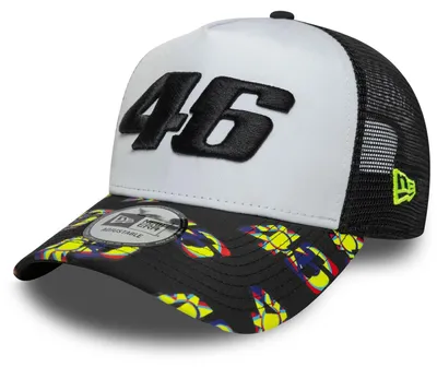 Zdjęcie produktu dla Czapka z daszkiem typu trucker, model A-Frame, marki New Era - nadruk, daszek VR46, kolor czarny