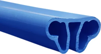 A close-up, angled view of a blue plastic profile, likely a pool edge or track, showing its cross-section.