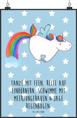 Produktbild von Mr. & Mrs. Panda Bild Einhorn Fliegendes Pferd DIN A2 - Blau Pastell - Geschenk, Unicorn, Glitzer, Regenbogen, Realität, wanddeko, Kunstdruck, Spielen, drucke, Plakat