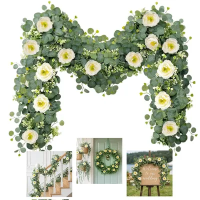 Productafbeelding van Kunstbloemengordijn, 1,8 meter, 2 stuks, met eucalyptus, pioenrozen en klimop, groen, decoratie