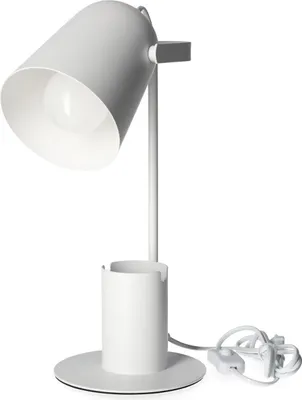Produktbild von Minimalistische Tischlampe Weiss mit Stiftekorb, verstellbarem Schirm und E27 Sockel, 1,5m Kabel