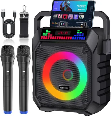 Imagen del producto de Máquina de karaoke portátil - Altavoz Bluetooth - Música para fiestas - Con 2 micrófonos - 2 kg - Negro