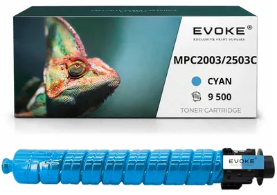 Image de Cartouche de toner compatible Evoke pour les imprimantes Ricoh MPC-2003, 2503C, 841928, couleur cyan, rendement de 9 500 pages, compatible avec les modèles Aficio MP C2003SP, C2503, C2503SP, C2004, C2011