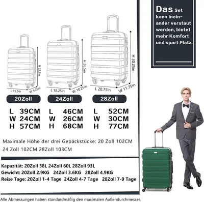 Produktbild von Hartschalen-Koffer Trolley Rollkoffer Reisekoffer mit TSA-Schloss und 4 Rollen (Schwarz/Braun, Koffer-Set)