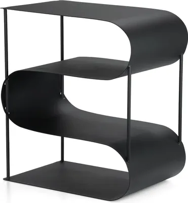 A black metal firewood rack with a unique S-shaped design.