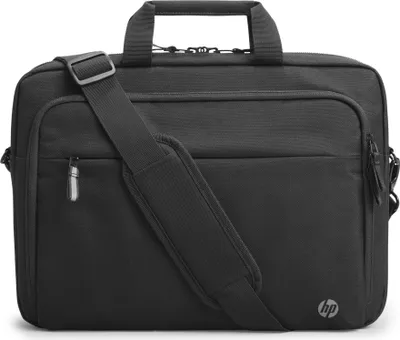 A black HP laptop bag is shown from the front against a white background.