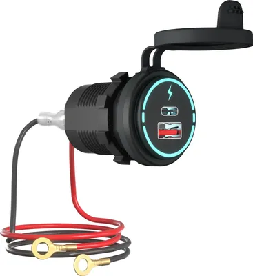 Imagen del producto de Cargador para coche de 12V-24V, con carga rápida QC3.0, con dos puertos USB y PD, para coches, motocicletas, bicicletas eléctricas, todoterrenos, barcos. Diseño con apertura, resistente al agua (IP66) y con múltiples protecciones