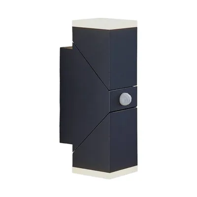 A product shot of a dark gray LED wall light with a motion sensor.