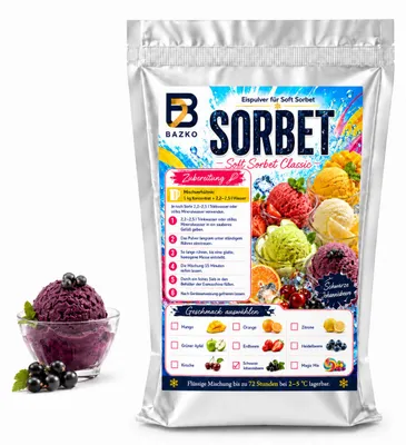 Produktbild von Bazko Schwarze Johannisbeere Eispulver für Eismaschine 1 kg für ca. 3,5 kg Sorbet, KI-generiertes Bild