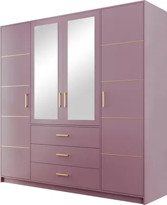 A purple wardrobe with gold accents and mirrors.