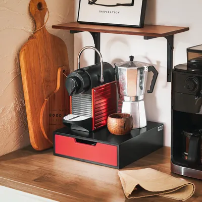 Produktbild von SoBuy FRG179-R Kaffeekapsel Box Kapselspender Kapselhalter Kapselständer Monitorständer Monitorerhöhung mit Schublade Rot BHT ca. 30x9x31cm