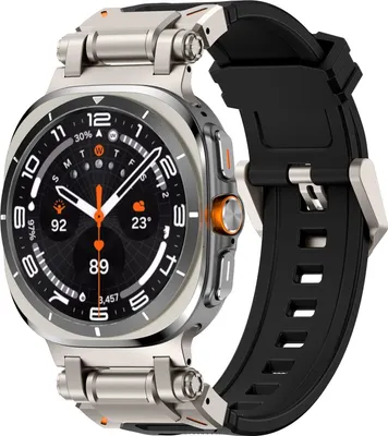A close-up studio shot of a smartwatch with a black strap and silver casing.