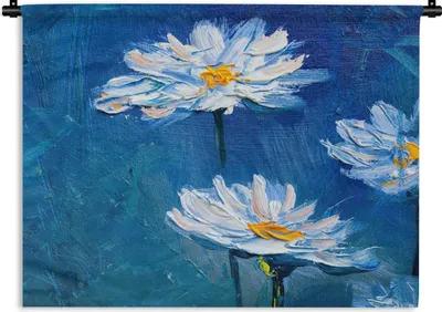 Produktbild von MuchoWow® Wandteppich Wandbehang Gemälde - Ölfarbe - Blumen - Blau 150x112.50 cm Tapisserie Dekoration Wandtuch - Wanddecke - Wandteppiche