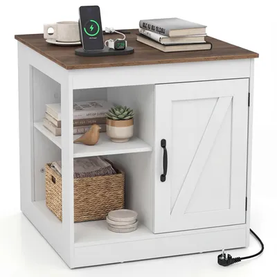 Image de COSTWAY Table de nuit avec station de recharge, table d'appoint avec étagère réglable, compartiments, armoire, table de nuit en bois, table basse, blanc + naturel