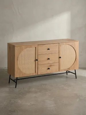 Produktbild von Sideboard 140x80x40 cm Kommode Eiche-Nachbildung mit Rattan Geflecht Modern, Hoher Kommodenschrank, Standschrank mit 2 Türen und 3 Schubladen, Anrichte Wohnzimmer