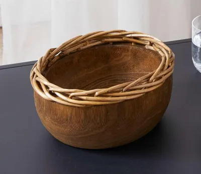Produktbild von Schale "Nature" aus Holz, rund, mit Flechtrand aus Weide, Ø 20 x 10 cm, Dekoschale, Schüssel für Snacks, Schmuck, Obst