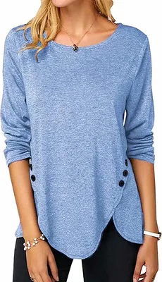 Produktbild von ASKSA Damen Langarm T-Shirt Rundhals Einfarbig Langarmshirt Lose Tunika Bluse Oberteile, Himmelblau, M