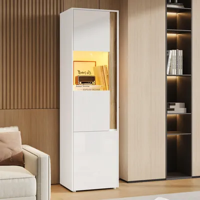 Immagine prodotto di Vetrina illuminata a LED, con 2 ante (una in acrilico), mobiletto espositivo per soggiorno, uffici, cucine, vetrina autoportante 50x40x179 cm, bianco e naturale