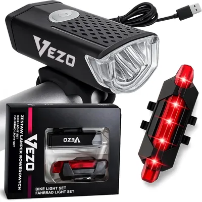 Zdjęcie produktu dla Vezo 2x lampka rowerowa LED przód tył USB zestaw lampek rowerowych akumulatorowe oświetlenie do roweru