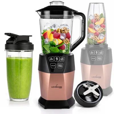 Produktbild von LEHMANN Standmixer & Smoothie Maker 2-in-1, 1000 W, Mixbehälter 1500 ml und To-Go-Trinkflasche 800 ml, 6 Edelstahlklingen