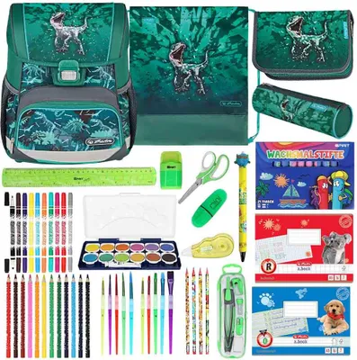 Produktbild von Herlitz Schulranzen Set Loop Plus Green T-Rex 20-teilig gefüllt
