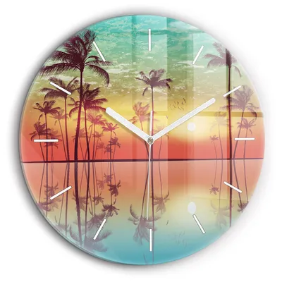 Produktbild von Wallfluent Große Wanduhr – Stilles Quarzuhrwerk - Uhr Dekoration Wohnzimmer Schlafzimmer Küche - Zifferblatt mit Striche - weiße Zeiger - 60 cm - Tropische Palmen