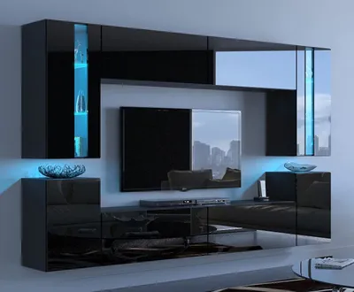 Produktbild von Furnitech Wohnwand Schwarz Modern Hängend mit LED RGB Beleuchtung, 16 Farben, 8-teilig, Sicherheitsglas, furniert, Push-to-Open-System