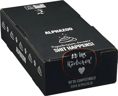 A black cardboard box with white text and graphics.