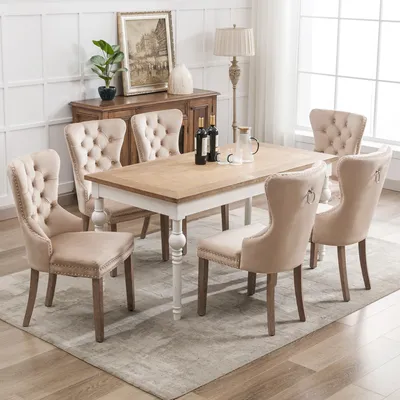 Produktbild von Flieks Esszimmerstuhl 6er Set, Küchenstuhl mit Massivholzbeinen und Zugring, Polsterstühle Essstuhl mit Samtbezug, Beige
