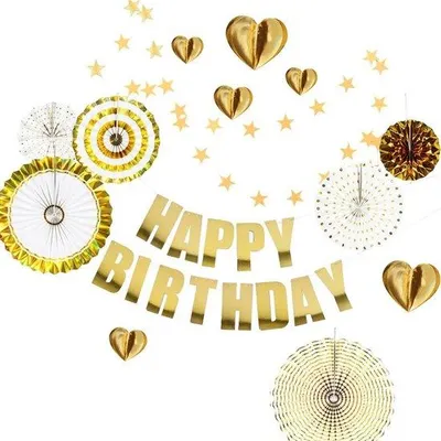 Produktbild von Verjaahrtsfeiertags- Dekorationssatz Gold - Glückwunschkarte - 3D Papierschleier - Sternen/Herz Banner - Luftschlangen - Dekorative Hintergrund - Partydekoration