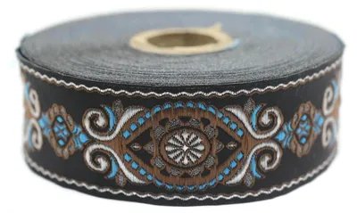 Produktbild von Omgoods – Jacquard-Bande, braun und blau, mit geflochtenem Muster und geometrischen Designs, 3,5 cm x 10 m