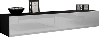 Produktbild von Furniture24 Tv Schrank Vigo 180 cm Länge, Hängeschrank, Wandschrank, Fernsehentisch mit 2 Klapptüren, Lowboard, Grifflose Öffnen, Push to Open Schwarz/Weiß Hochglanz