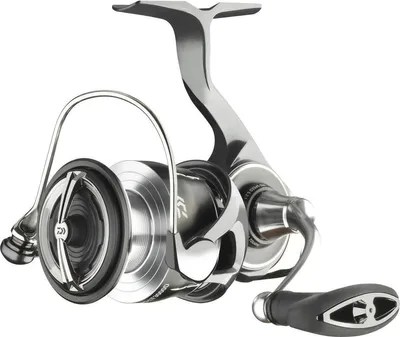 A studio shot of a fishing reel against a white background.