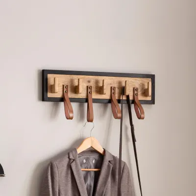 Image de Porte-manteau mural en bois massif de manguier / cuir véritable 60x15x6 cm | Wohnling
