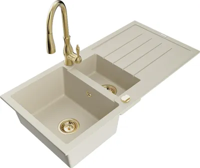 Image de Mexen Andres évier en granit 1,5 bol avec égouttoir et mélangeur Savita, Beige - 6515-69-672601-50