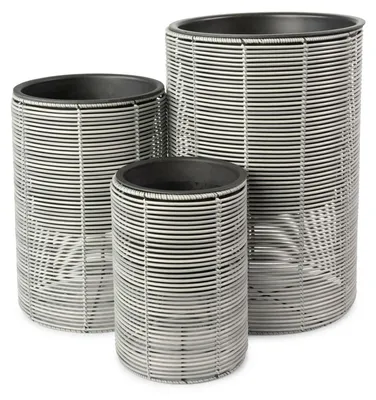 Produktbild von di volio Pflanzkübel Set VITARBO – 3 hohe Blumentöpfe aus Polyrattan mit Kunststoffeinsatz, wetterfeste Rattan Blumenkübel für Außen (Grau)