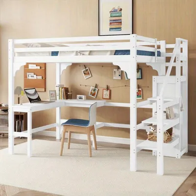 Image de Lit superposé multifonctionnel 140x200 cm avec bureau et étagère à vêtements