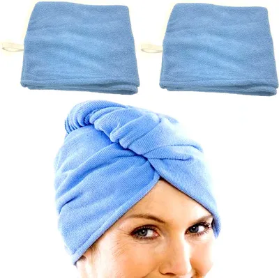 Produktbild von 2er Set Kopfhandtuch Haarturban Blau | Haartrockentuch Handtuch Damen | Kopftuch Haar Turban | Trockentuch Haarhandtuch