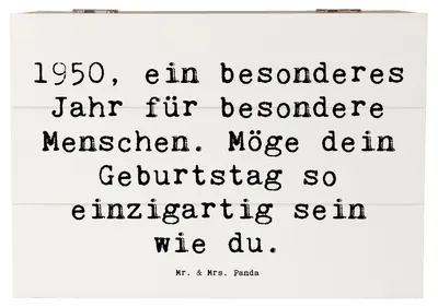 Produktbild von Mr. & Mrs. Panda Box Spruch 1950 Geburtstag 22 x 15 cm - Weiß - Geschenk, Glückwunsch, Happy Birthday, besondere Menschen, geschenkkiste, Geburtstagsgeschenk, schatztruhe