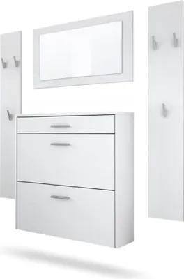 Produktbild von InnoFurn Garderoben-Set Roma Air 4-teilig, Moderne Flurgarderoben Set mit Schuschrank, 2 Wandpaneele und Wandspiegel für Flur & Eingangsbereich,Weiß matt