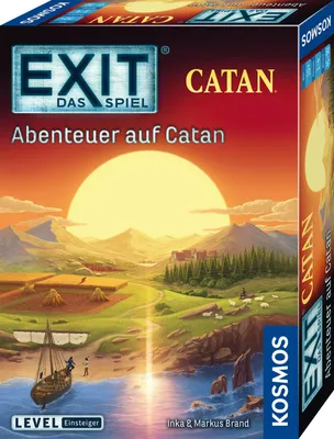The image shows the front and side packaging of a board game, depicting a sunset over a landscape with a boat and a village.