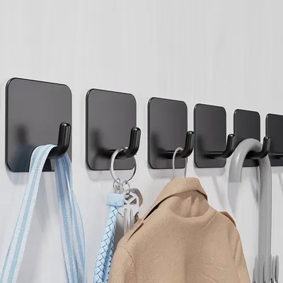 Produktbild von Bohrfreier Handtuchhalter, 6er-Set, Badezimmer-Handtuchhalter aus Edelstahl, extra starke Klebehaken, Klebehaken für Bad und Küche, schwarz